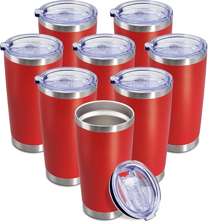 20 oz Tumbler Coffee Travel Tumblers Bulk with Lid Stainless Steel Double Wall Vacuum Insulated Mug Powder Coated Cups fit Car Cupholder for Hot and Cold - Red, 8Pack