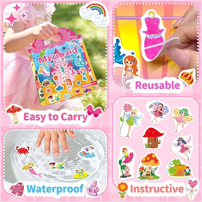 6 Sets Reusable Sticker Book for Girls 3-6, Jelly Sticker Books for Toddler, Travel Sticker Activity Toys for Kids 3 4 5 6 Years Old Girls (Girl Theme)