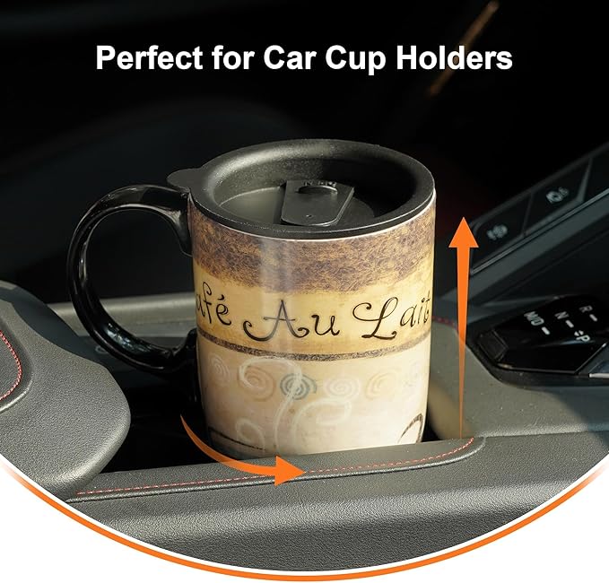 Topadorn 17oz Ceramic Travel Mug with Lid, Vintage Café Au Lait Coffee Cup, Spill Proof Microwave & Dishwasher Safe Mug, Gift Box Included