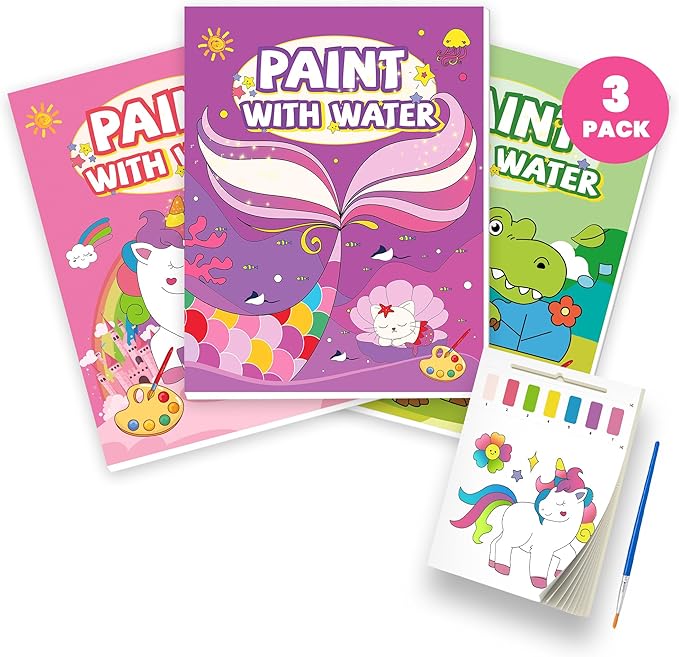 3PCS Paint With Water Books for Kids 20 Page Each,Unicorn Mermaid & Dinosaur Watercolor Paint Book Set for Kid,Toddlers Color Coloring Painting Drawing Set,Mess Free Toys Gifts for Kid Age 3 4 5 6 7 8