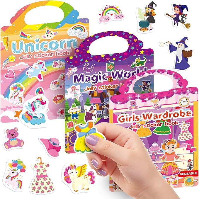3 Sets Reusable Sticker Book for Toddlers 3-6, Jelly Sticker Books for Toddler, Travel Sticker Activity Toys for Kids 3 4 5 6 Years Old Girls & Boys (Unicorn+Magic+Wardrobe)