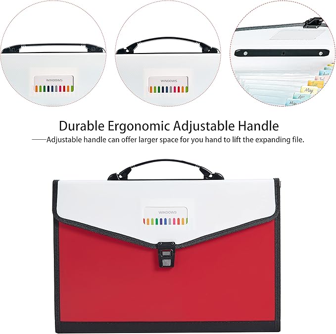 Legal Size 13-Pockets Expanding File Folder with Handle, Plastic Accordion Filling File Folder Expandable Monthly Portable Paper Document Organizer for Office School & Home (Red)