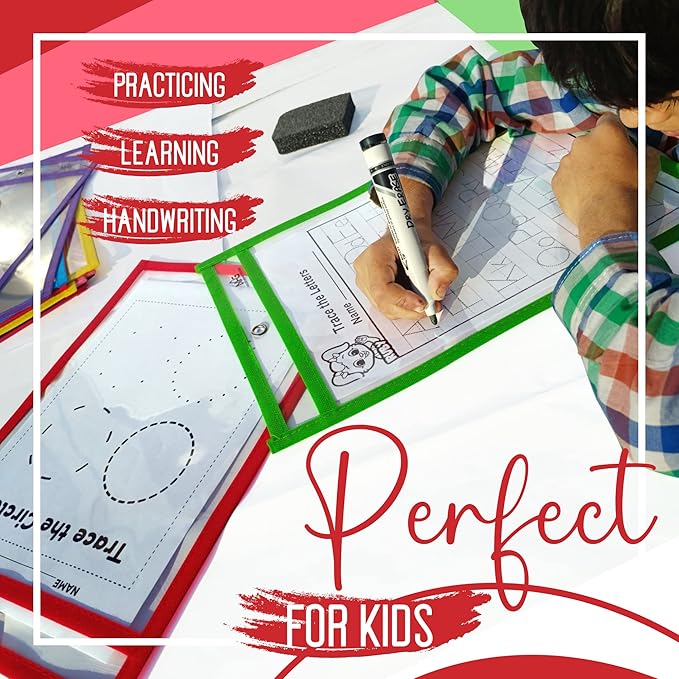 30 Packs Oversized Dry Erase Pockets Sleeves - 10 Assorted Colors with 2 Binder Rings - Dry Erase Sheets Reusable - 10x14 Ticket Holders - Clear Plastic Sheet Protectors for Classroom Teacher Supplies