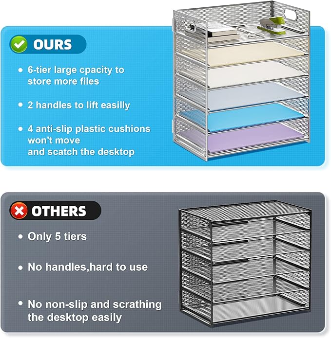 Marbrasse Paper Letter Tray - 6 Tier Mesh File Organizer with Handle, Paper Sorter for Letter/A4 Office File Folder Holder - Silver