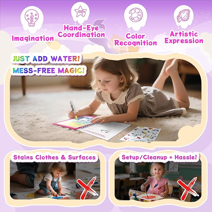 6 Sets in 1, Reusable Water Coloring Books for Toddlers 1-3 with 110+ Stickers & No-Mess Pen, Water Coloring Books for Toddlers 1-3, Magic Paintless Painting Book for Toddler, Paintless Painting Book
