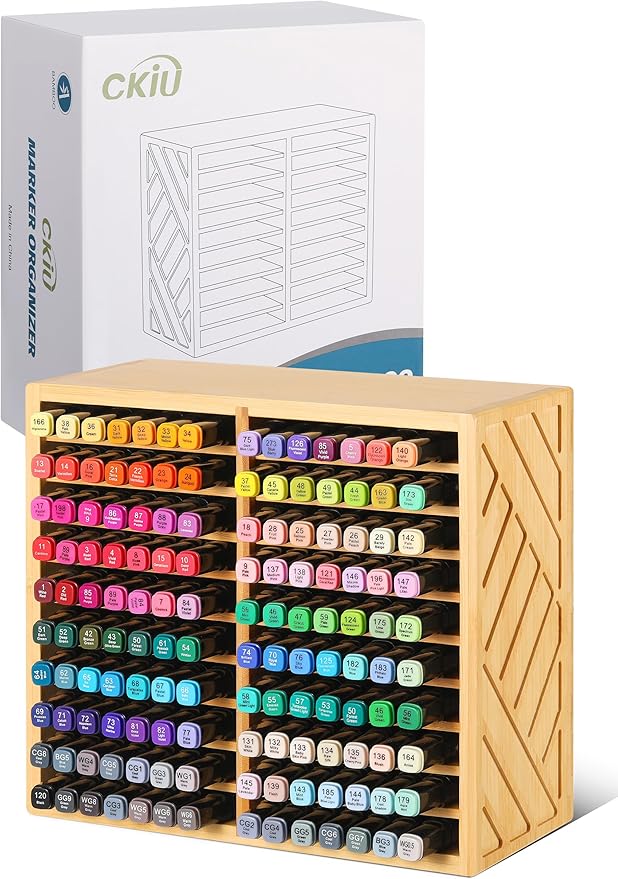 Bamboo Marker Organizer for Desk, Marker Storage Organizer for 140 Markers，Pens, Pencils and Art Brushes，Wooden marker holder for Home, Classroom and Office Decor,Bamboo