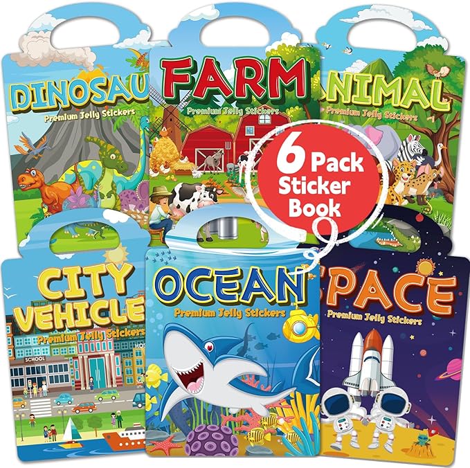 6 Sets Reusable Sticker Book for Toddlers 3-6, Jelly Sticker Books for Toddler, Travel Sticker Activity Toys for Kids 3 4 5 6 Years Old Girls & Boys