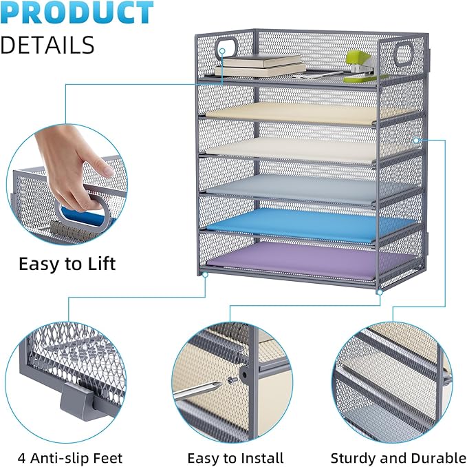 Marbrasse 6 Tier Paper Organizer Letter Tray - Mesh Desk File Organizer with Handle, Paper Sorter for Letter/A4 Office File Folder Holder - Grey