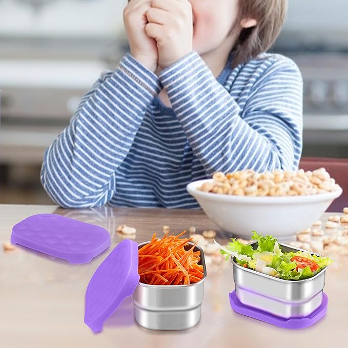 HaWare Stainless Steel Snack Containers for Toddlers and Kids, 8 oz Leak Proof Food Storage Containers with Silicone Lids, Stackable & Reusable Small Metal Lunch Box for Daycare and School- 3 Packs
