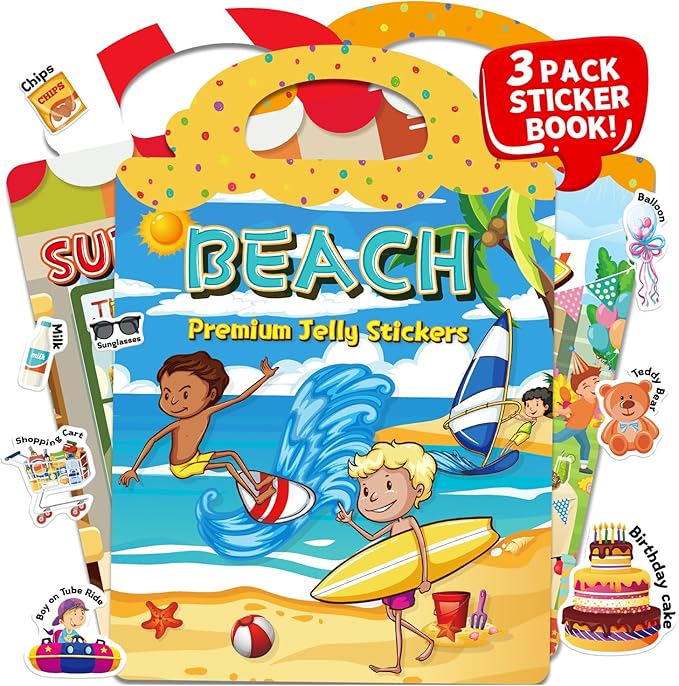 3 Sets of Reusable Jelly Stickers Books - Perfect for 3-6 Year Olds Jelly Stickers Books - Airplane and Car Travel Toys Educational Gifts for Boys and Girls（Beach+Supermarket+Party）