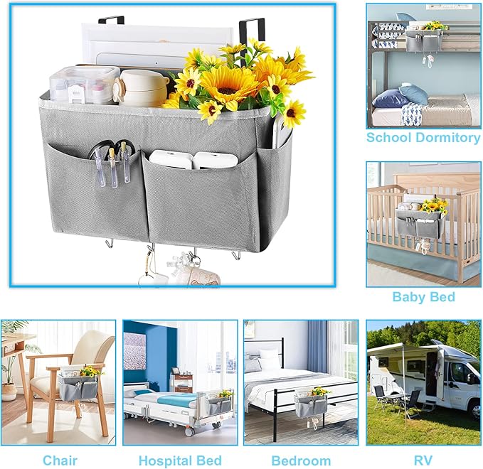 Bedside Storage Organizer 5 Pockets with 4 Hooks Hanging Storage Bag for Headboards/Bunk Bed (Grey)