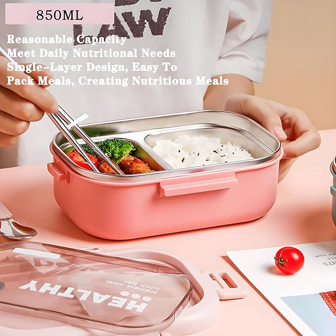 Stainless Steel Lunch Box, 2 Compartment Bento Box for Adults, Easy to Clean, Leak-Proof Design, Food Storage Container with Tableware for Family, Work, Picnics and Travel(850ml, Green)