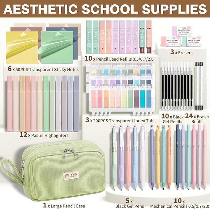 62PCS Aesthetic School Supplies, Cute Back to School Supplies College Essentials Preppy Stationary Set with Large Pencil Pouch Case, Pastel Highlighters Gel Pens Mechanical Pencils for Student Girls
