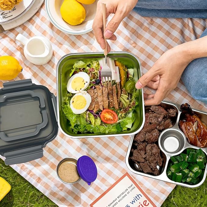 Salad Container for Lunch 2 Pack,3-Compartment Bento-Style Tray,1.5-oz Sacue Container, Dishwasher, Microwave, and Oven Safe (Gray&White)