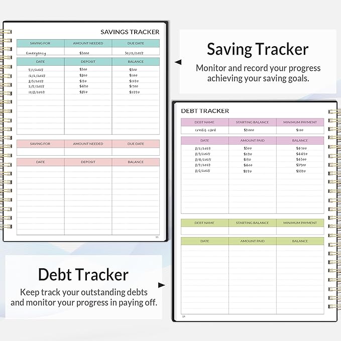 SUNEE Budget Planner - Monthly Budget Book with Expense Tracker Notebook, Undated 12 Month Bill Organizer & Finance Planner to Manage Your Money, A5(6.4" x 8.3") Account Book with Colorful Tab, Black