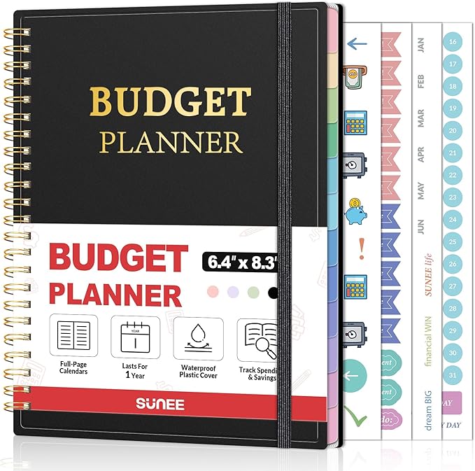 SUNEE Budget Planner - Monthly Budget Book with Expense Tracker Notebook, Undated 12 Month Bill Organizer & Finance Planner to Manage Your Money, A5(6.4" x 8.3") Account Book with Colorful Tab, Black