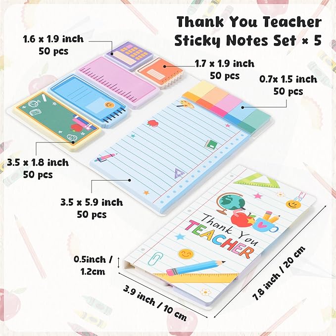 B1ykin Thank You Teacher Sticky Notes Set - Composition Line Teacher Self-Stick Notes Pad, 550 Sheets Writing Memo Pages Sticky Notepad for Teacher Appreciation Gifts, School Office Supplies (5Pcs)