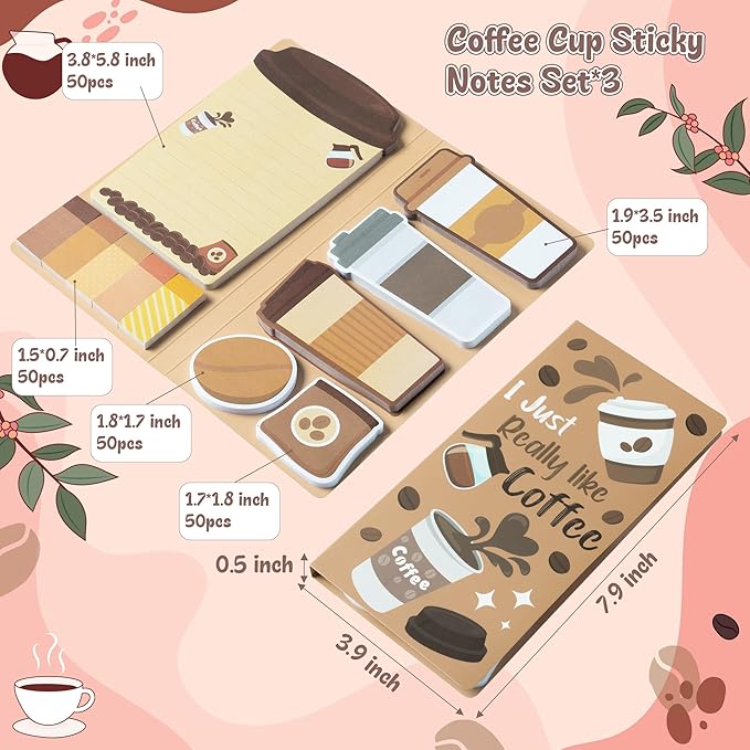 B1ykin Coffee Cup Sticky Notes Set - I Just Really Like Coffee Self-Stick Notes Pad, 550 Sheets Writing Memo Pages Sticky Notepad for Teacher Appreciation Gifts, School Office Party Favors (3Pcs)