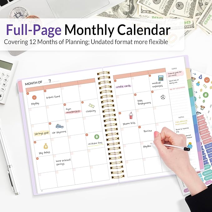 SUNEE Budget Planner - Monthly Budget Book with Expense Tracker Notebook, Undated 12 Month Bill Organizer & Finance Planner to Manage Your Money, A5(6.4" x 8.3") Account Book with Colorful Tab, Purple