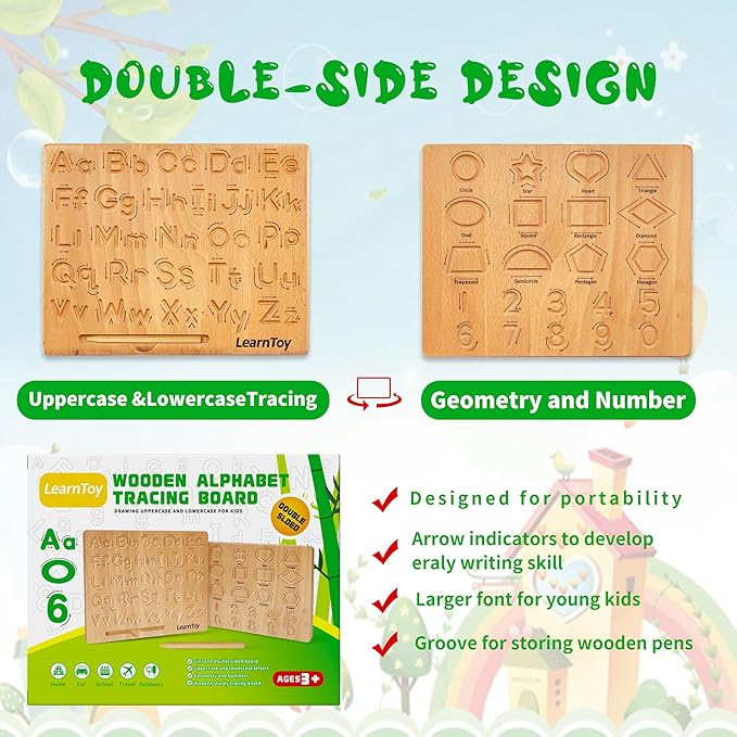 LearnToy Montessori Wooden Alphabet Tracing Board - Educational Toy for Kids - Fine Motor Skills Development - Double-Sided Writing Practice - Ideal Gift for Preschool 3-5 Years Old.