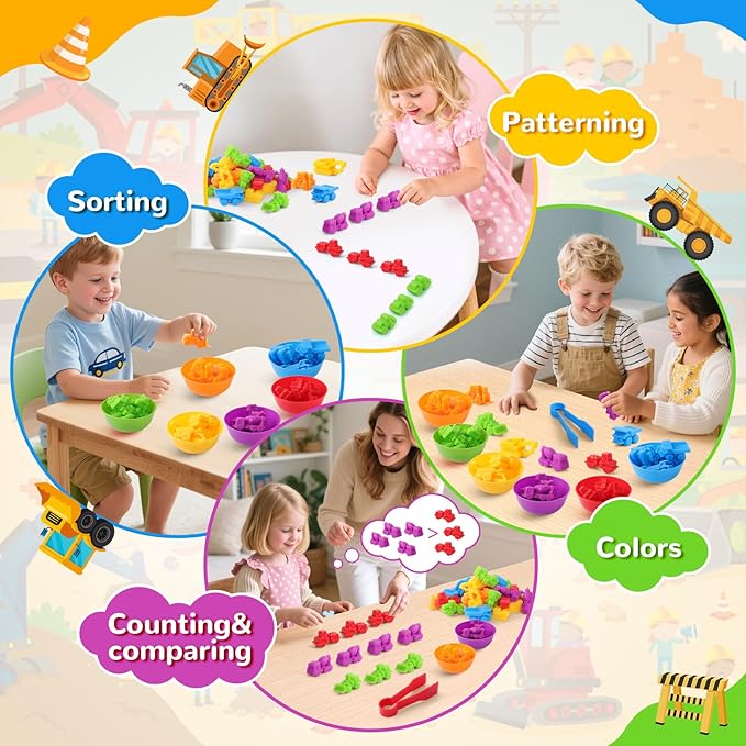 USATDD Counting Construction Vehicles Color Sorting Preschool Learning Matching Games Fine Motor Skills Toys Montessori Classroom Sensory Table Toys for Kids for Toddlers 3 4 5