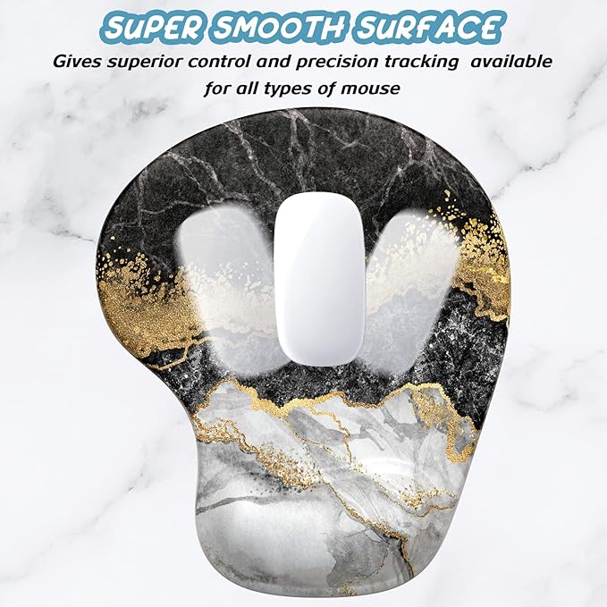 Hsurbtra Ergonomic Mouse Pad with Wrist Rest Support, Gel Mouse Pads with Non-Slip PU Base, Pain Relief Memory Foam Computer Mat, Cute Office Supplies Desk Decro Accessories, Black Marble