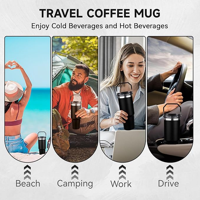 30oz Tumbler with Handle and Flip Straw Lid Double Wall Insulated Travel Coffee Mug Stainless Steel Vacuum Insulated Coffee Tumbler Cup for Hot and Cold Beverages,Leak-proof&BPA-free (30oz,Black)