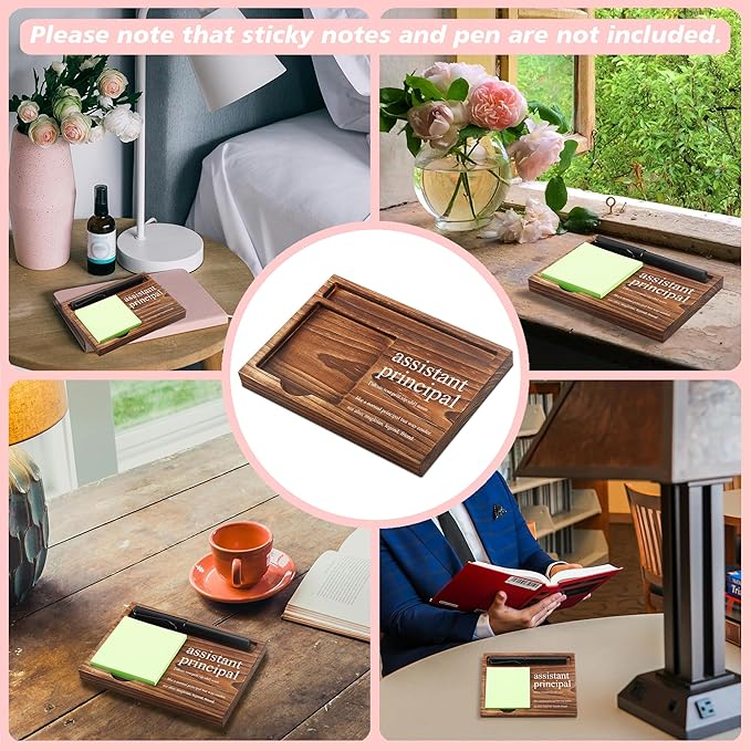 CINRLLA Assistant Principal Sticky Note Holder Wooden Notepad & Pen Holder 6.5"" x 4.7"" Sticky Note Pad Holder Dispenser for Desk Assistant Principal Definition Work Gifts, NPA187, Brown
