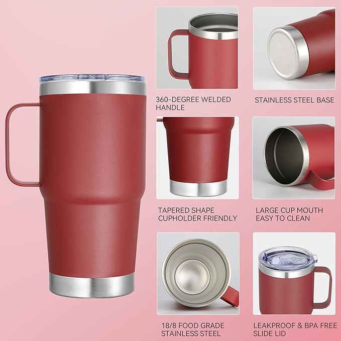 20 oz Stainless Steel Tumbler with Handle Bulk Metal Insulated Tumblers Travel Coffee Mug with Handle Double Wall Tumbler Cup with Lid and Straw, Wine Red 12 Pack