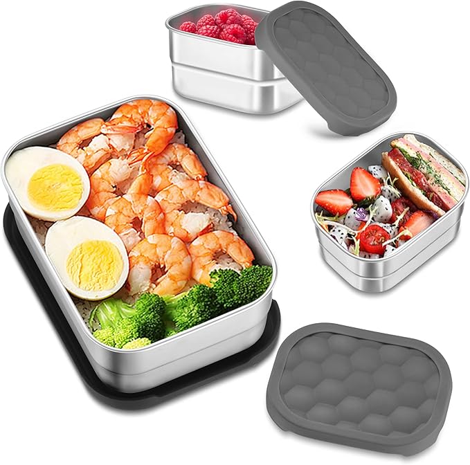 HaWare 8oz*2+25oz Stainless Steel Lunch Box for Kids, Leak Proof Lunch Containers with Silicone Lids, Easy Open Food Storage Container for School and Daycare, Portable Metal Bento Box, Dishwasher Safe