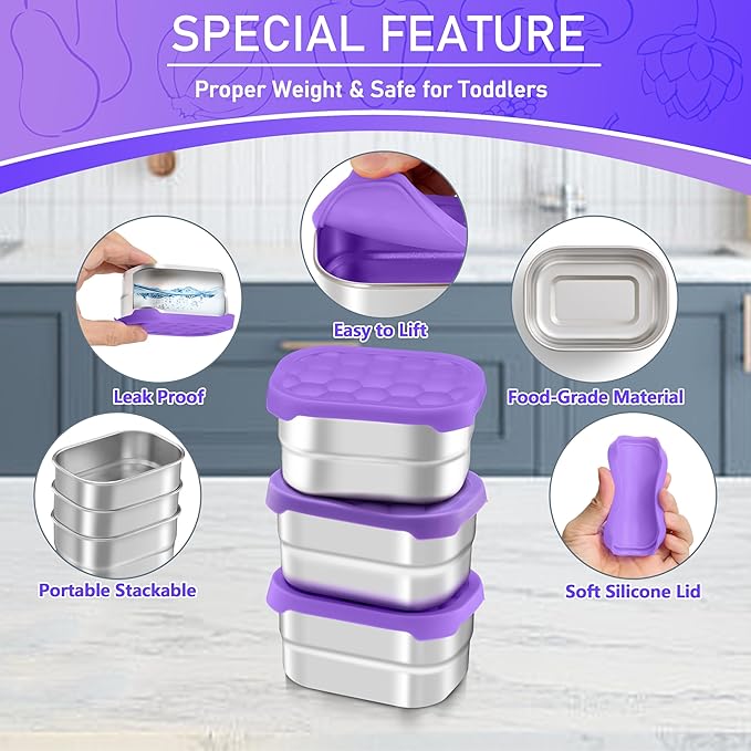 HaWare Stainless Steel Snack Containers for Toddlers and Kids, 8 oz Leak Proof Food Storage Containers with Silicone Lids, Stackable & Reusable Small Metal Lunch Box for Daycare and School- 3 Packs