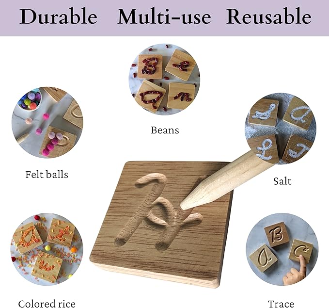 Montessori Cursive Wooden Alphabet Tracing | Preschool Learning Letter Tracing | ABC Flash Cards | Double Sided Uppercase and Lowercase | Includes Storage Box and Stylus Pen | Set of 26 Pieces