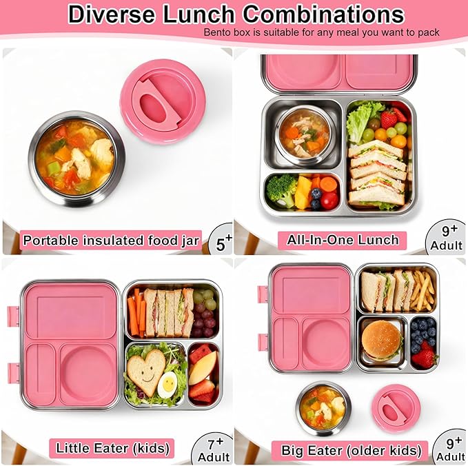 Stainless Steel Bento Lunch Box-7+ Older Kids，Teens ＆ Adult with Insulated Food Jar,Leakproof 3-Compartment,BPA-Free, Eco-Friendly,Dishwasher Safe, Large-Capacity Box, School,Office,Travel （Pink)