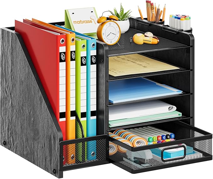 Marbrasse Desk Organizer with File Holder, 5-Tier Paper Letter Tray Organizer with Drawer and 2 Pen Holder, Mesh Desktop Organizer and Storage with Magazine Holder for Office Supplies (Wood-Black)