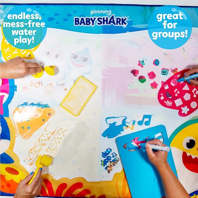 Baby Shark Water Drawing Mat by Horizon Group USA, Includes Reusable 40-Inch Water Drawing Mat, Refillable Water Brush & Pens, Stencils, Mess-Free Water Art for Toddlers, Age 3+