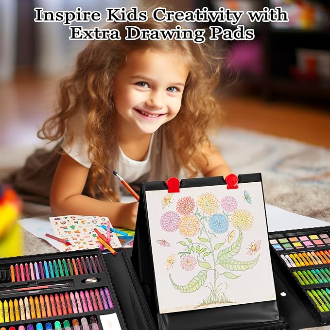 KINSPORY Art Kit, 290 Pack Art Sets Crafts Drawing Coloring kit, Double-Side Trifold Easel, Oil Pastels, Crayons, Colored Pencils, Creative Gift for Beginners Artists Girls Boys Kids (Black)