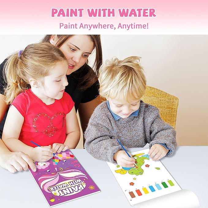 3PCS Paint With Water Books for Kids 20 Page Each,Unicorn Mermaid & Dinosaur Watercolor Paint Book Set for Kid,Toddlers Color Coloring Painting Drawing Set,Mess Free Toys Gifts for Kid Age 3 4 5 6 7 8