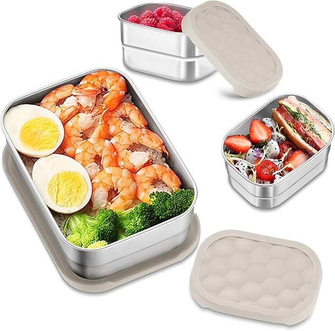 HaWare Stainless Steel Lunch Box Containers for Kids, Leak Proof Food Storage Containers with Khaki Silicone Lids, Easy Open Bento Box for School and Daycare, Portable Metal Snack Box (8oz*2+25oz)