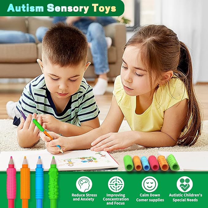 Textured Pencil Grips for Kids & Adults - 24 Pack Sensory Fidget Toys for ADHD, Autism - Quiet Classroom & Office Tools for Anxiety Relief Stress Relief - Educational Supplies, Student Rewards&Gifts
