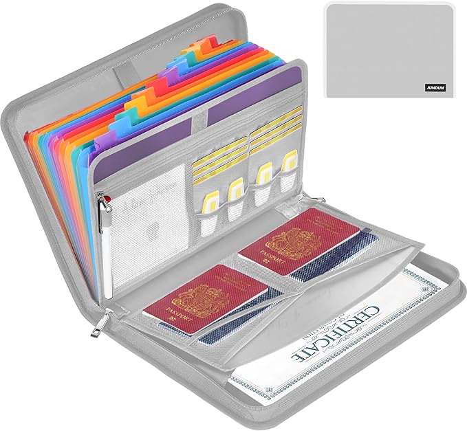 JUNDUN Accordion File Organizer - 12 Pocket Expanding File Folder with Zipper & Labels - Fireproof File Folder Organizer with Multi-Pockets,Document Organizer for Letter A4 Files and More (Silver)