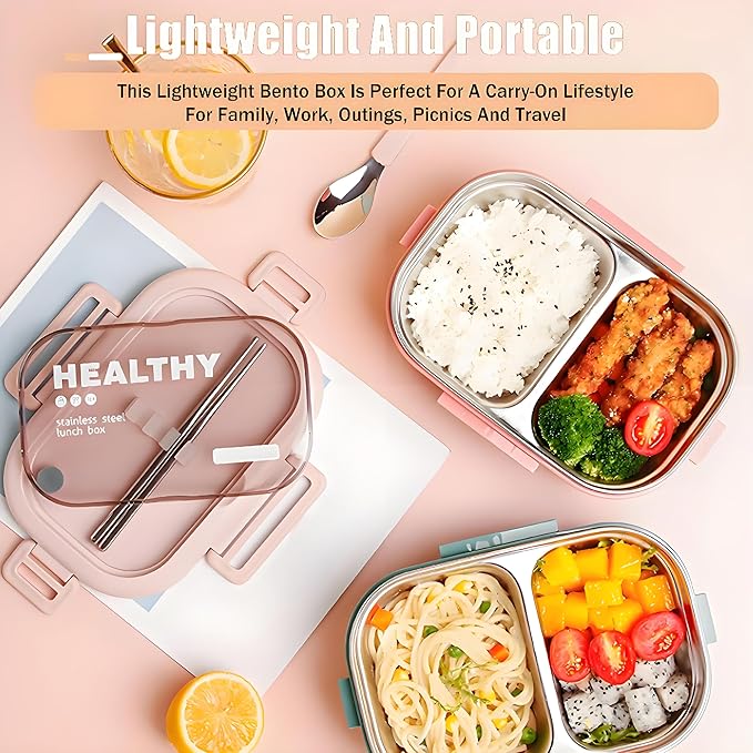 Stainless Steel Lunch Box, 2 Compartment Bento Box for Adults, Easy to Clean, Leak-Proof Design, Food Storage Container with Tableware for Family, Work, Picnics and Travel(850ml, Blue)