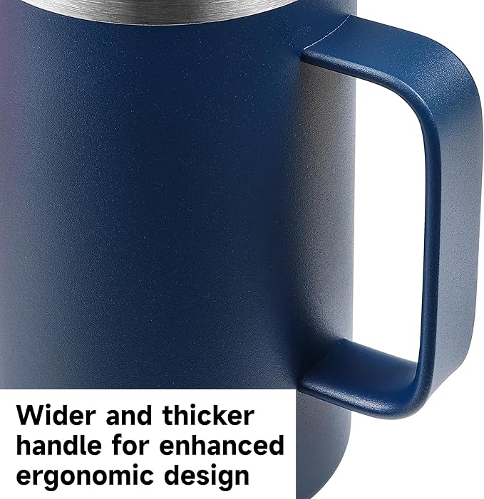 22oz Insulated Coffee Mug with Handle & Leak-Proof Lid - Double Wall Stainless Steel Travel Tumbler for Commute/Office/Home, Black, 1 Pack