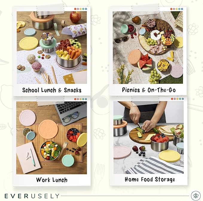 Everusely - Stainless Steel Containers with Lids - Set of 5, Bright Collection - Leakproof Stainless Steel Food Containers - Nesting Snack Holders - Metal Lunch Box - Portable & Reusable Meal Kit