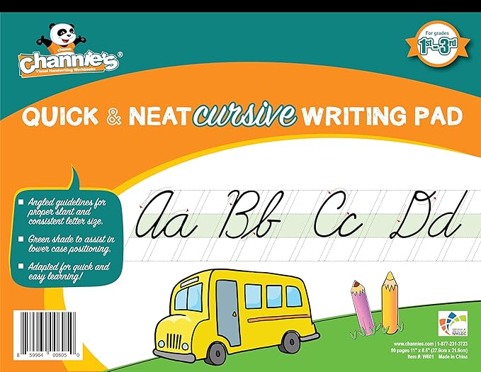 Channie’s Quick & Neat Cursive Handwriting Pad, 80 Pages Front & Back, 40 Sheets, Grades 1st – 3rd, Size 8.5” x 11”