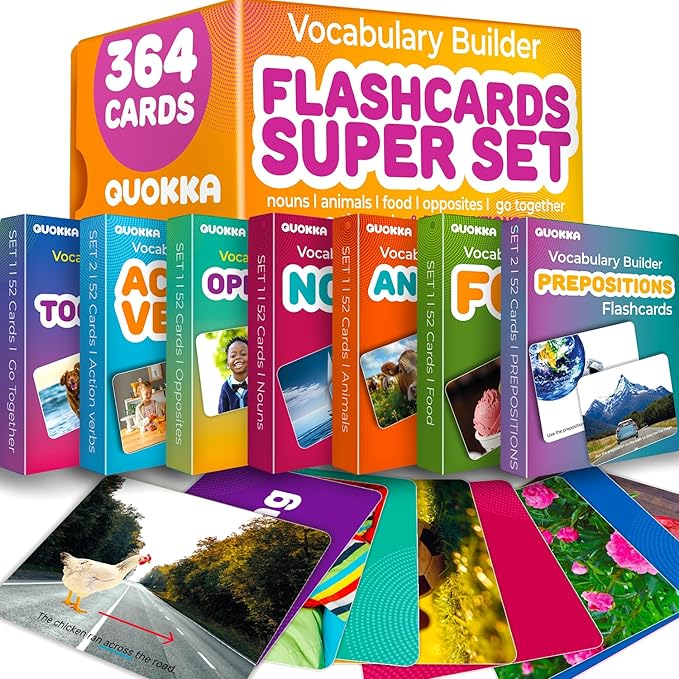 QUOKKA 364 Flash Cards for Kids and Adults - Real-Life Large Preschool Flash Cards for Speech Therapy, ABA Therapy, ESL Teaching, Pre-K to 3rd Grade, 7 Vocabulary Building Categories with Prepositions