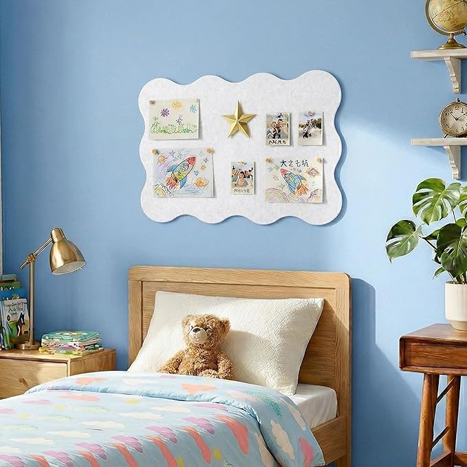 Scalloped Bulletin Board, 36x24 Scalloped Felt Bulletin Board, 3' by 2' Trifold Foldable Picture Display with 20 Pins & 5 Cute Decors - White
