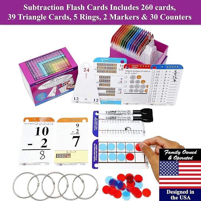 Think2Master Addition, Subtraction & Multiplication Flash Cards. This 3 Pack Includes 780 Laminated Cards to Learn How to add, Subtract, Multiply, Divide. Plus 6 Dry Erase Markers & 15 Rings