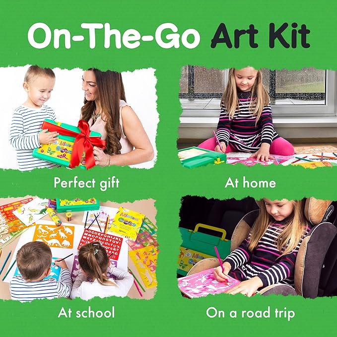 Drawing Stencil Kit for Kids, 60 PC Art Set with 370+ Shapes, Sketch Pad, and Colored Pencils for DIY Arts and Crafts for Boys and Girls, Draw with Letter, Animal and Car Stencils, Green