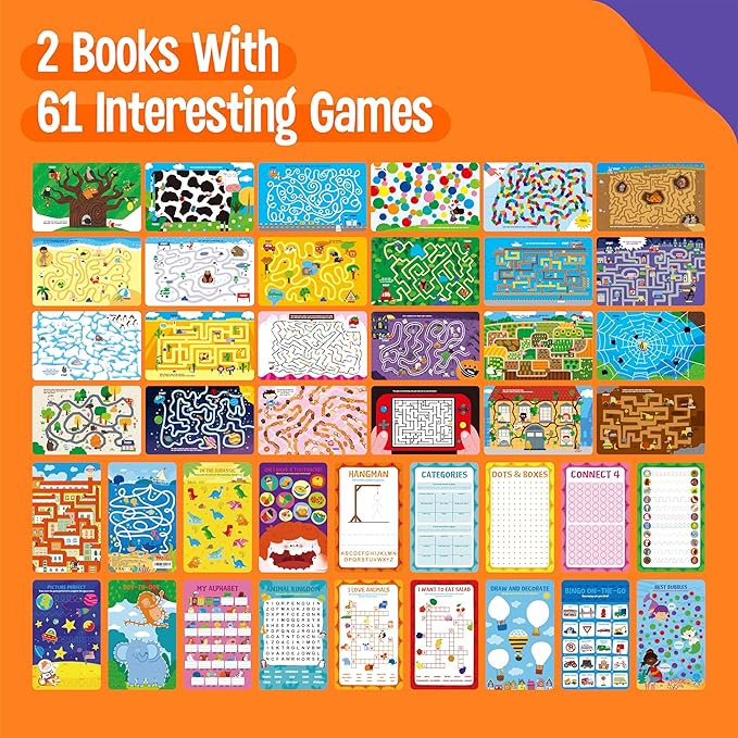 SpriteGru 2 Travel Game Pads, 61 Dry Erase Activities Games Reusable & Erasable Book, Fun Brain Challenge Games Interesting Educational Toy and Learning Tool for Road Trip Airplane Travel