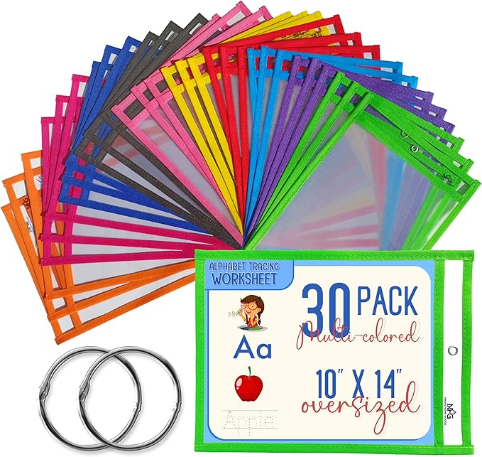 30 Packs Oversized Dry Erase Pockets Sleeves - 10 Assorted Colors with 2 Binder Rings - Dry Erase Sheets Reusable - 10x14 Ticket Holders - Clear Plastic Sheet Protectors for Classroom Teacher Supplies